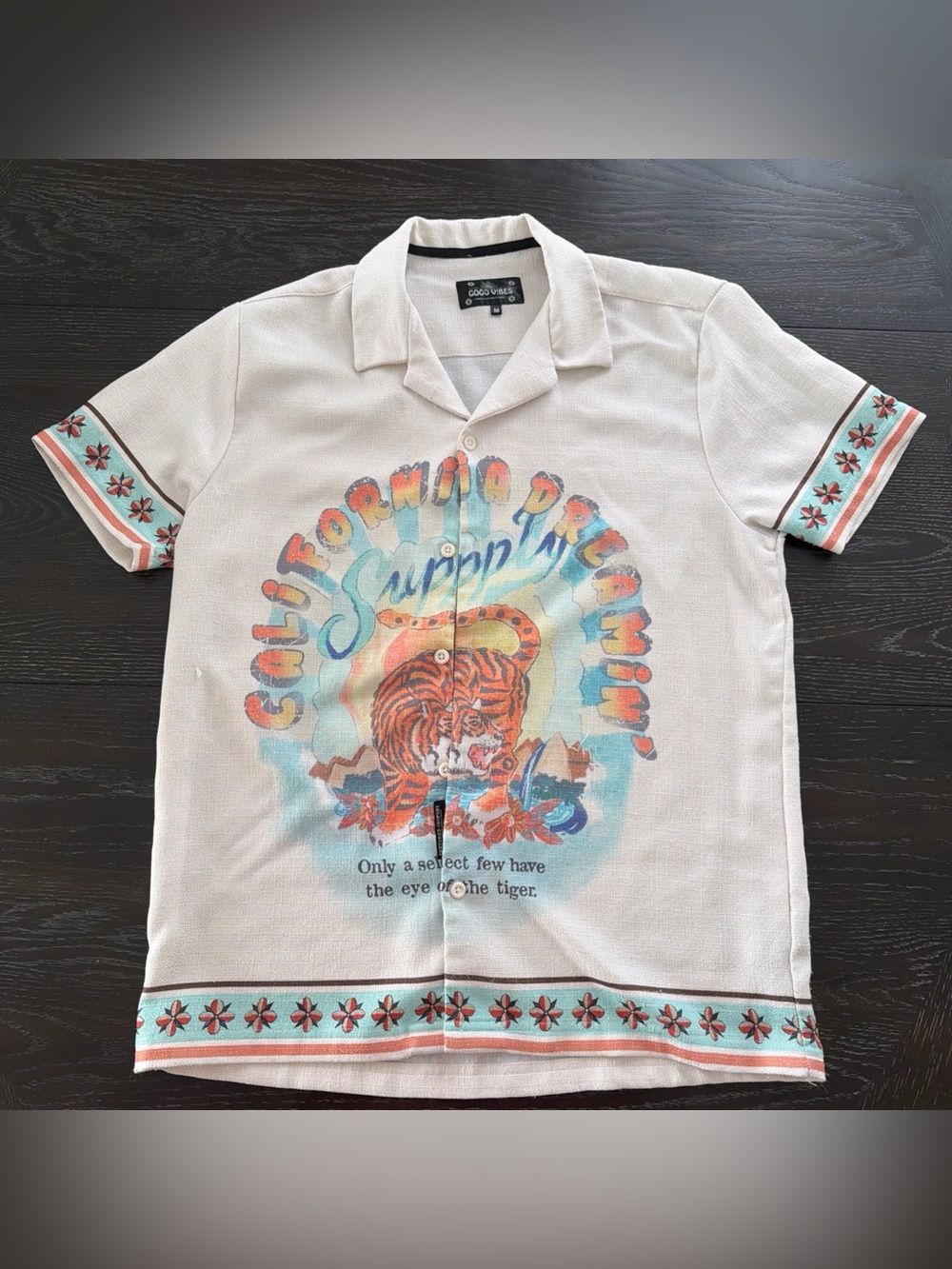 Good Vibes Cream California Dreaming Graphic Button Up Short Sleeve Shirt